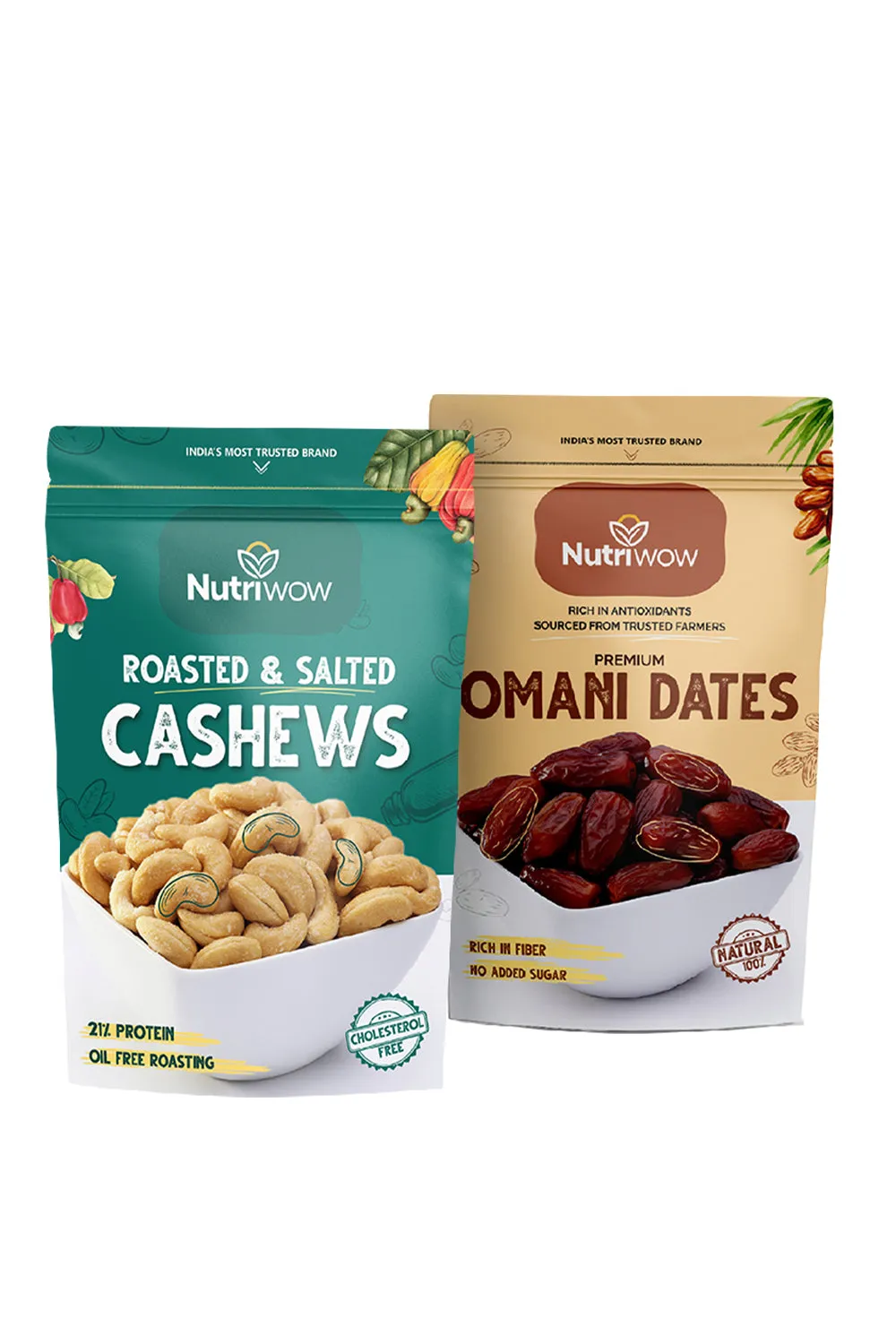 Nutriwow Premium Classic Roasted & Salted Cashew 200g & Omani Dates 400g | Kaju and Khajur | Combo Pack