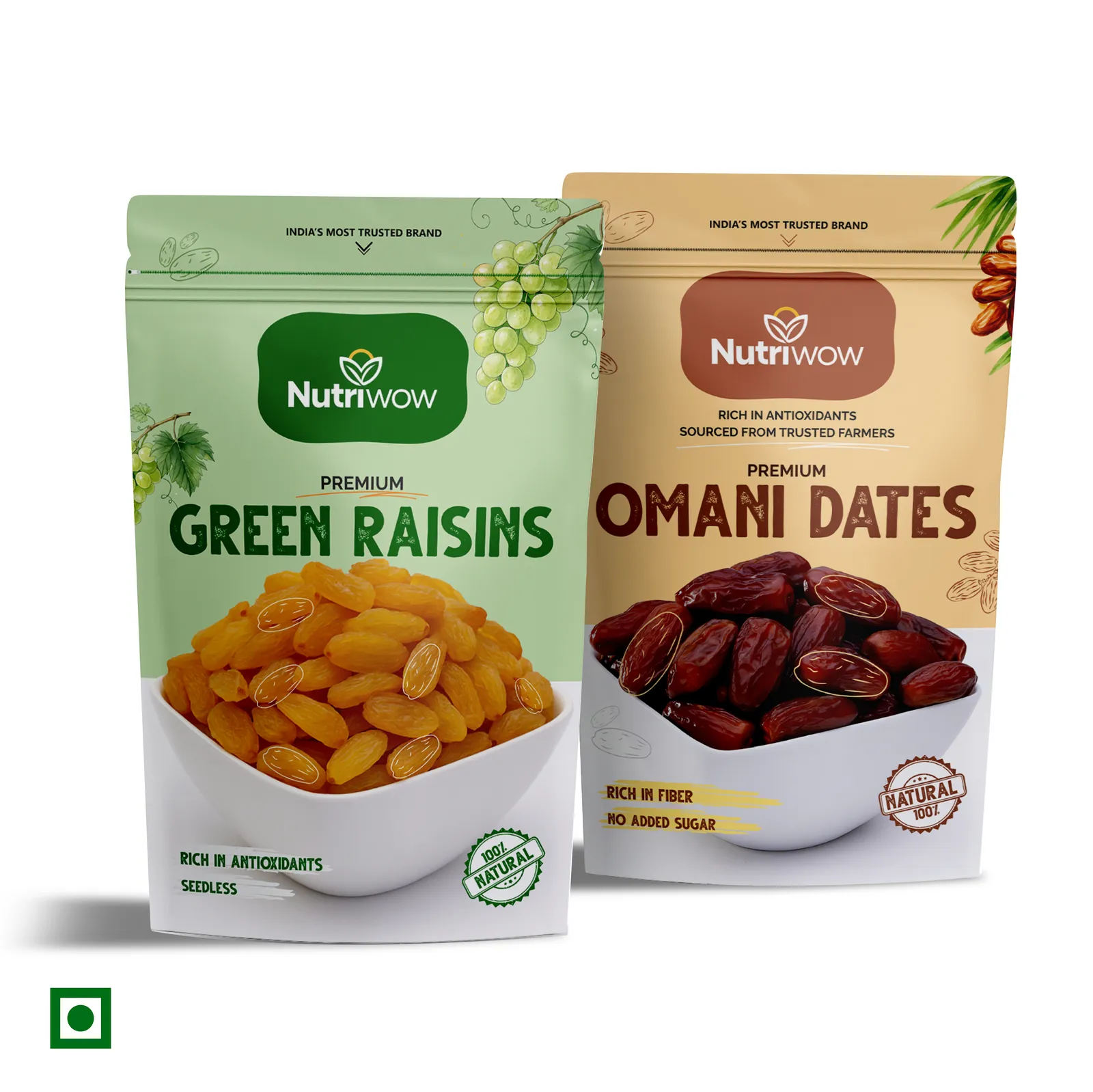 Nutriwow Premium Omani Dates 400g & Premium Green Raisins 500g | Khajur and Kishmish |