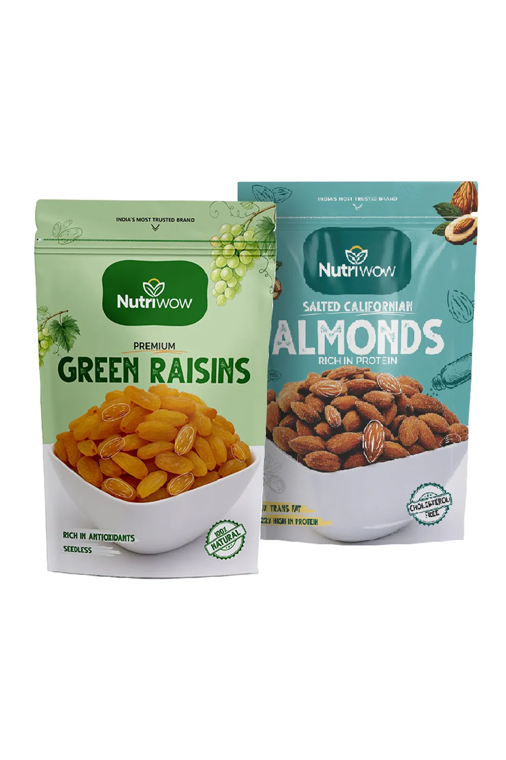Nutriwow Premium Green Raisins 500g & Roasted & Salted Almonds 200g | Kishmish and Badam |