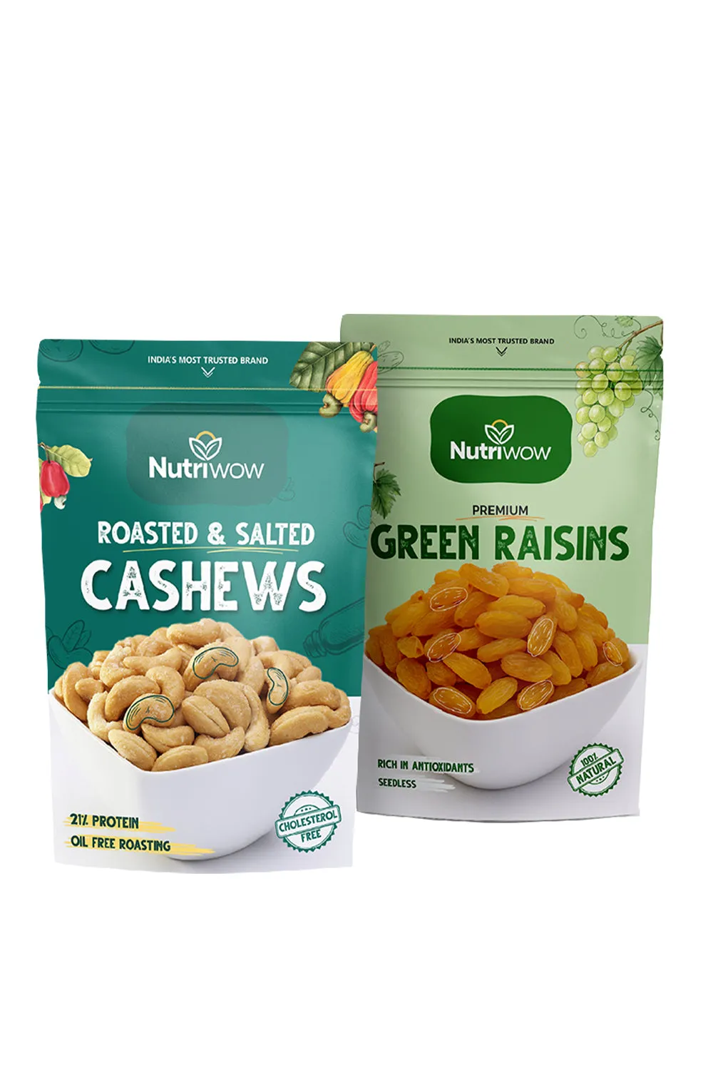 Nutriwow Premium Classic Roasted & Salted Cashew 200g & Premium Green Raisins 500g | Kaju and Kishmish | Combo Pack