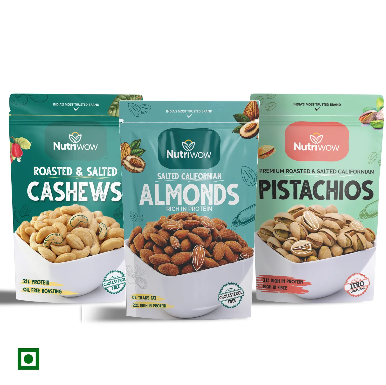 Nutriwow Premium Roasted & Salted Cashew, Almonds and Pistachios | 600g (200g each)