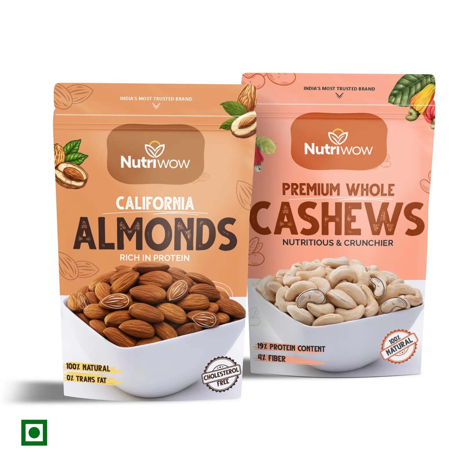 Nutriwow Premium Roasted & Salted Cashew & Whole Almonds | Kaju and Badam | 400g (200g each)