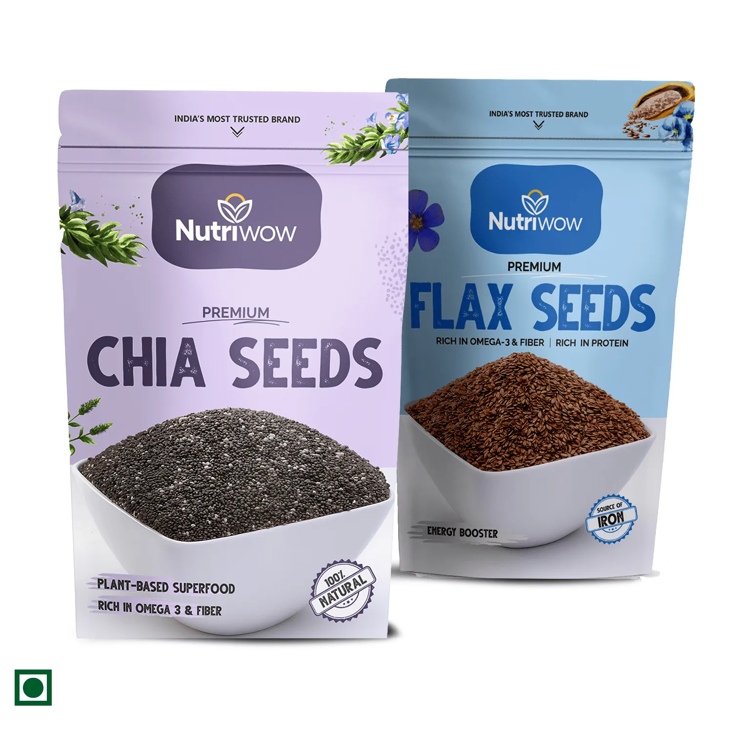 Nutriwow Edible Seeds Combo | Premium Chia Seed and Flax Seeds, 500g (250g each)