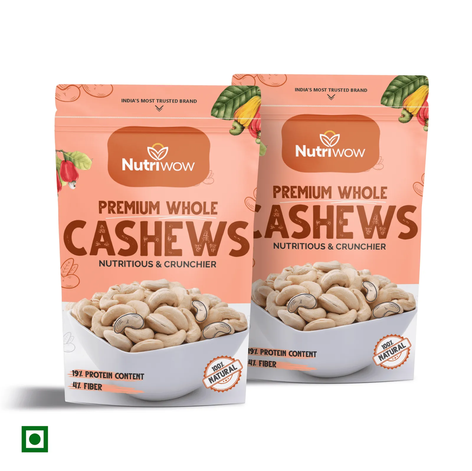Nutriwow Premium Whole Cashews | Kaju | 400g (200g Pack of 2)